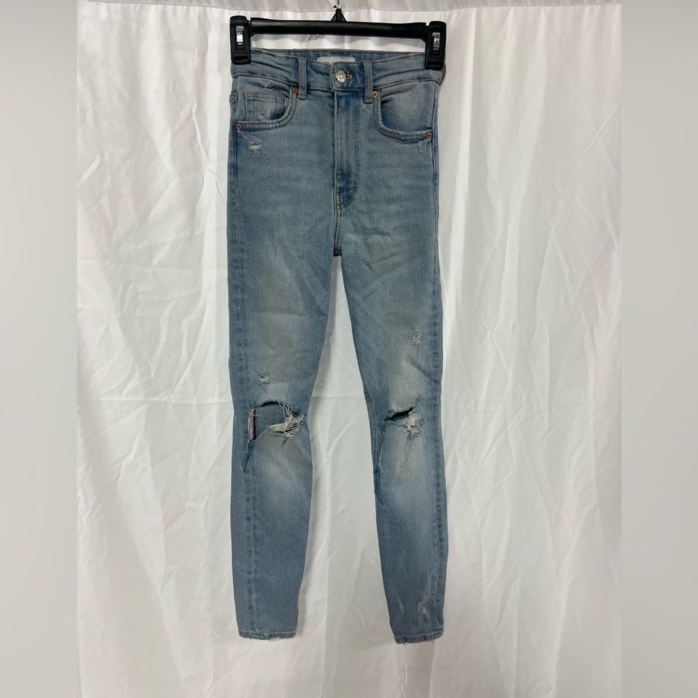 Zara High Rise Skinny Jeans Light Wash Blue Distressed Womens Size 0